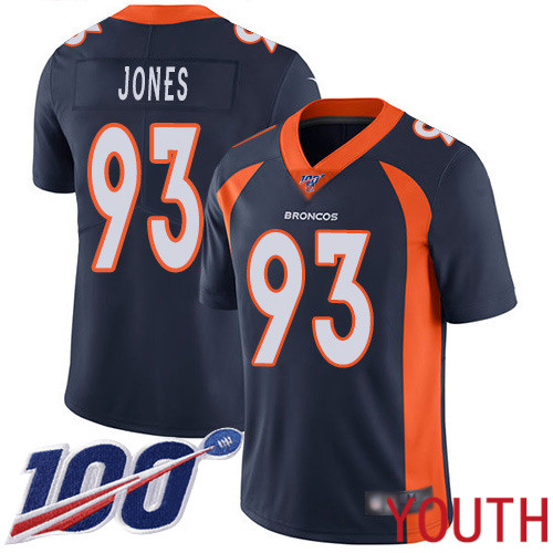 Youth Denver Broncos 93 Dre Mont Jones Navy Blue Alternate Vapor Untouchable Limited Player 100th Season Football NFL Jersey
